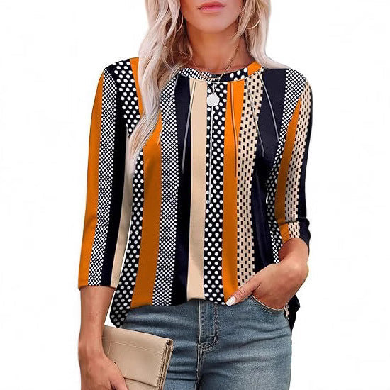 Top imprimé à col rond plissé, style décontracté.